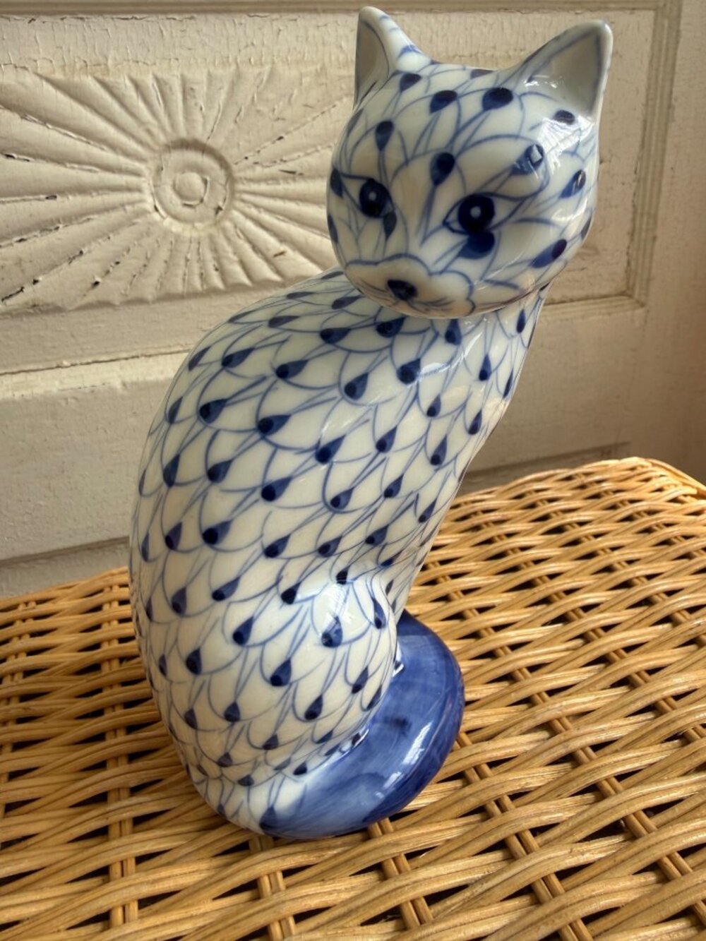 Vintage 80s Porcelain Cat Andrea by Sadek Blue and White Fishnet Pattern
